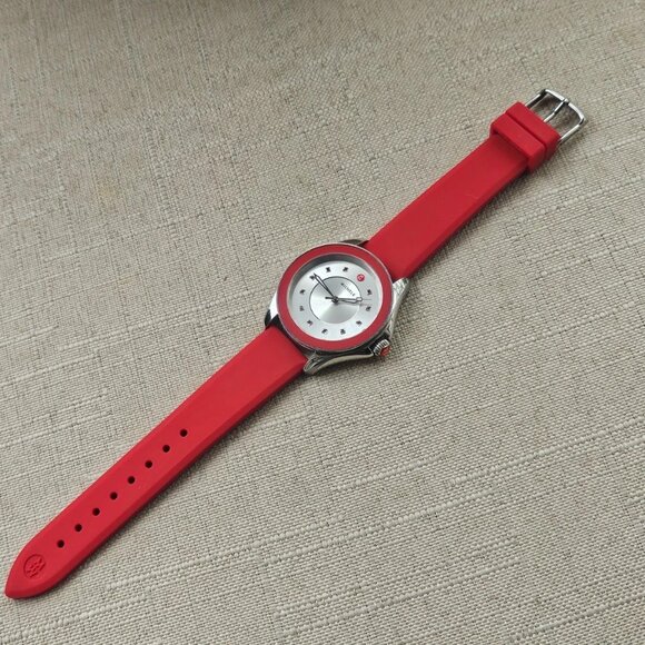 Michele Ladies Wristwatch Red Rubber Strap Analog Quartz 11 GEM Stones Watch - Picture 9 of 12